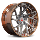 RVRN RV-DS74 custom forged performance Tesla rims in rose gold with chrome finish for premium Tesla Model 3 builds