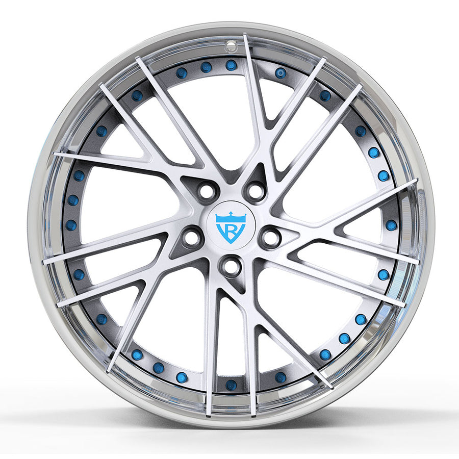 RVRN Tesla wheels RV-DT01 rear angle white polished custom forged rim aerodynamic spoke structure