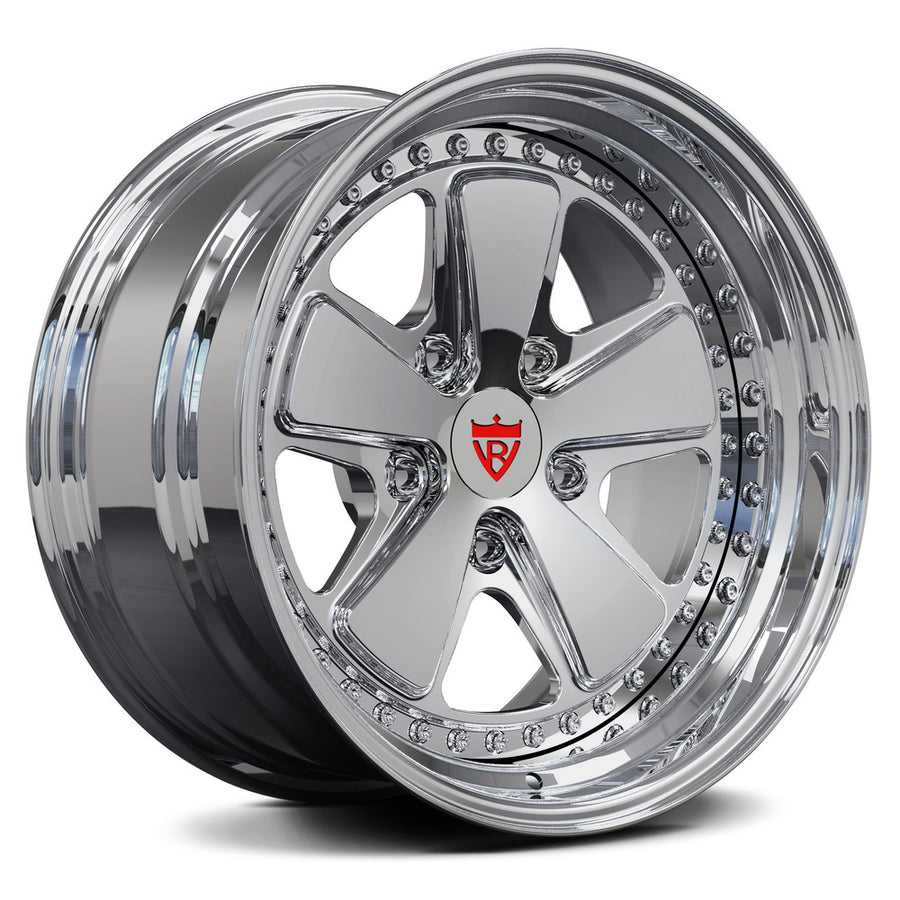 RVRN RV-DV70 custom forged 2-piece deep dish chrome wheel for Porsche 911 with a refined 5 spoke profile and performance fitment