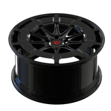 RV-MB01 top view forged monoblock multi-spoke wheel with gloss black rim and carbon fiber center, suitable for BMW, Corvette, and performance vehicles
