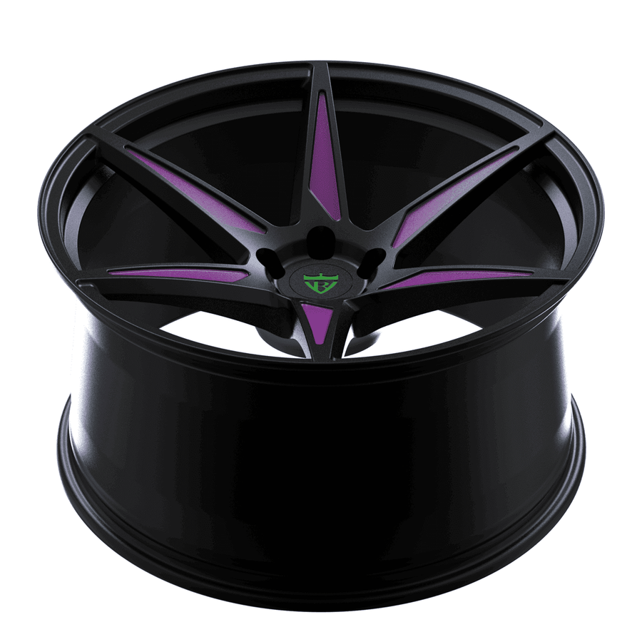 RVRN RV-MC19 charger concave wheels featuring black and purple forged finish, custom 22 inch wheel design for modern Dodge Charger performance builds
