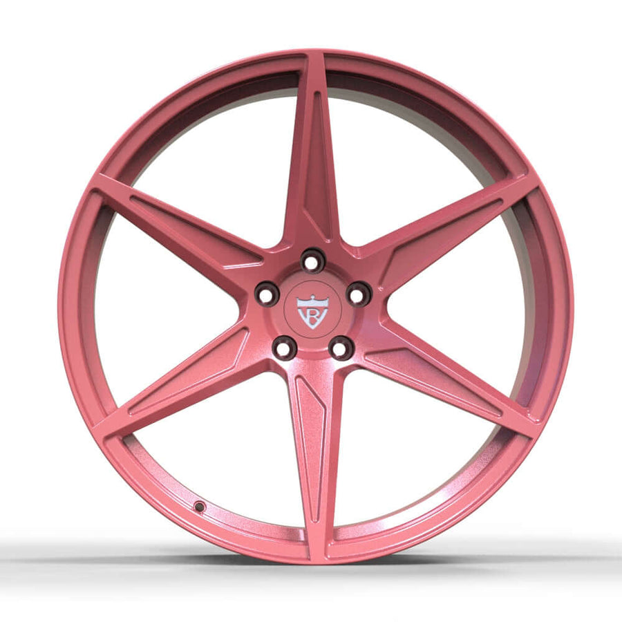 RVRN RV-MC19 pink custom wheels for Jeep Wrangler Rubicon, forged monoblock concave wheel design with aggressive styling and custom engineering