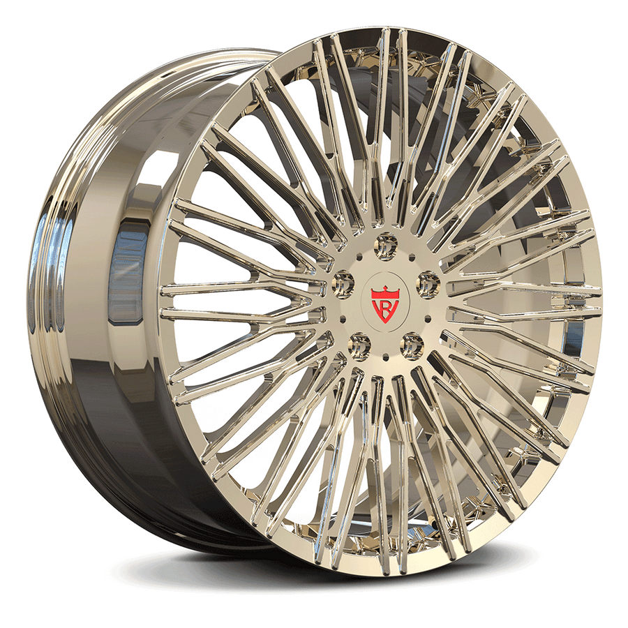 RVRN RV-MC22 Y Spoke forged wheel for McLaren 720S in Polish Frozen Gold, showcasing precision-machined details and performance-oriented styling