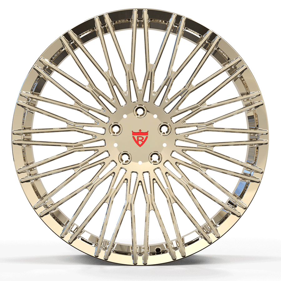 RVRN RV-MC22 forged Y Spoke wheel for Porsche 911 in Polish Frozen Gold, featuring lightweight monoblock construction and a refined concave profile