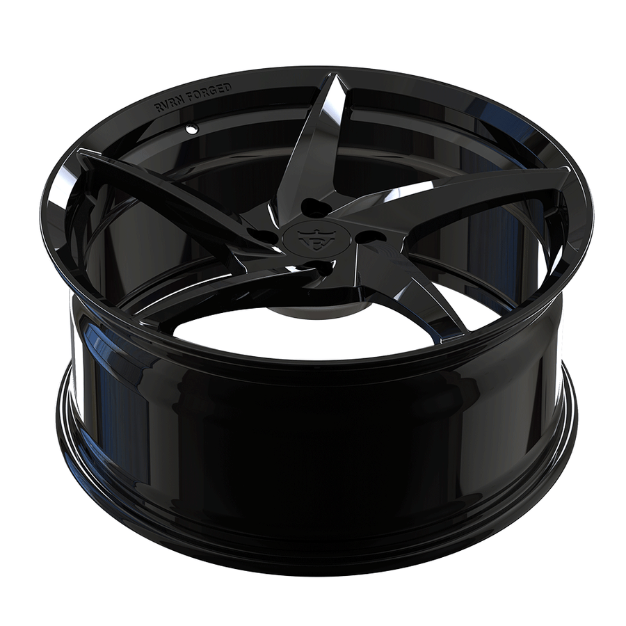 RVRN RV-MC35 forged 5-spoke 4-lug wheels for Chevrolet Camaro in black, directional monoblock design with lightweight performance styling and custom fitment