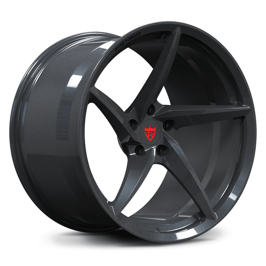 RVRN RV-MC35 forged 5 spoke concave wheels for Corvette C8 Z06 in all gunmetal with carbon fiber details