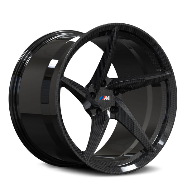 RVRN RV-MC35 custom carbon fiber wheel featuring directional rims and forged 5 spoke design for BMW performance vehicles in black and carbon fiber finish