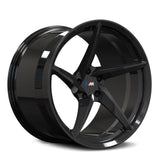 RVRN RV-MC35 custom carbon fiber wheel featuring directional rims and forged 5 spoke design for BMW performance vehicles in black and carbon fiber finish