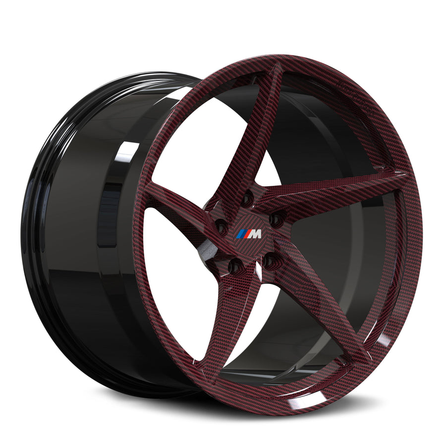 RVRN RV-MC35 forged BMW rims with directional spoke layout, black red and carbon fiber finish, custom lightweight performance wheel design