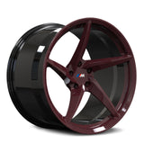 RVRN RV-MC35 forged BMW rims with directional spoke layout, black red and carbon fiber finish, custom lightweight performance wheel design