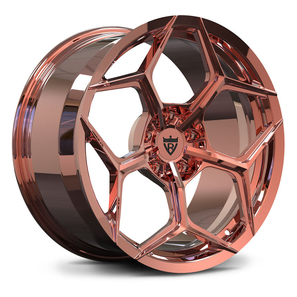 RVRN RV-MC491 custom forged Y spoke rims in rose gold finish for Volkswagen performance builds, lightweight forged wheel design with custom fitment and premium detailing