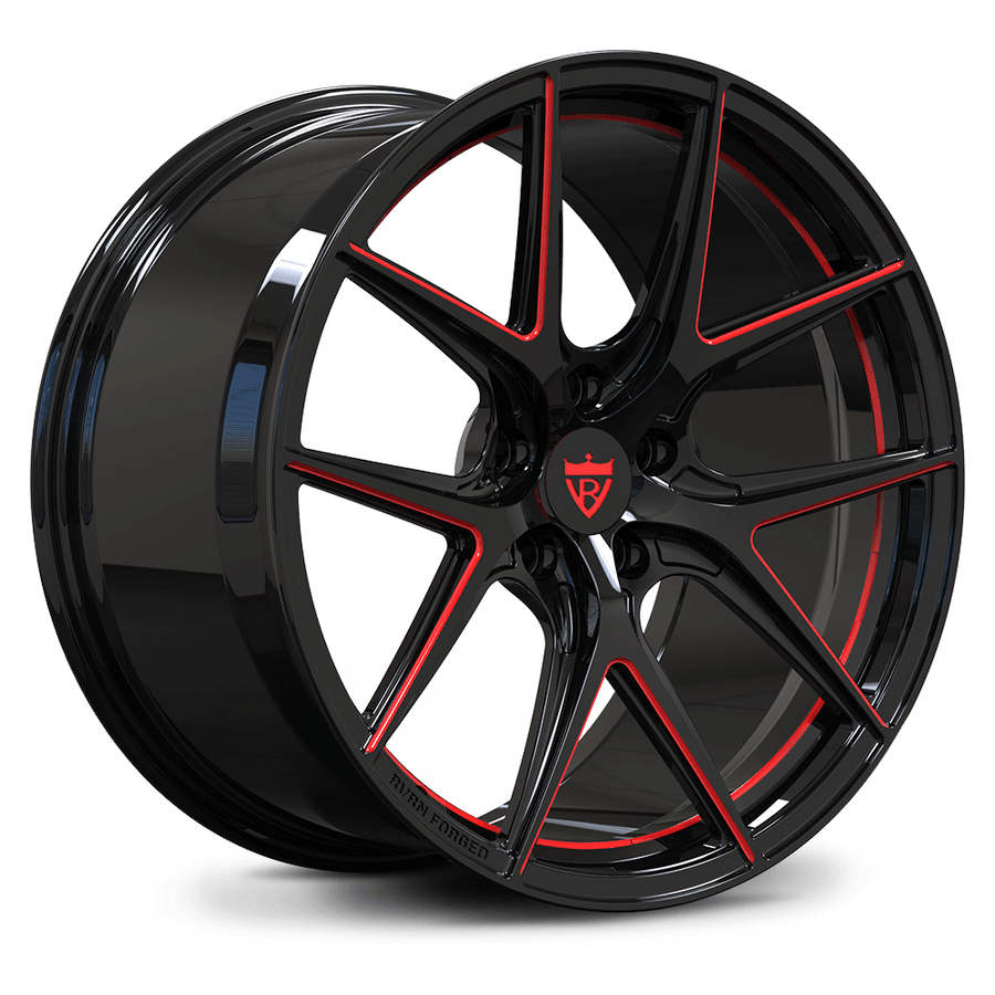 Custom forged monoblock RV-MC61 wheel in black with red accents, ideal for 2022 Corvette C8 Z51 aftermarket customization.