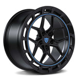RV-MD01 custom forged Audi rims in black and blue finish featuring directional spokes and lightweight Y spoke architecture designed for performance applications
