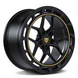 Audi performance wheel RV-MD01 featuring directional rims and Y spoke design in black and yellow finish, custom forged wheel for aggressive fitment projects