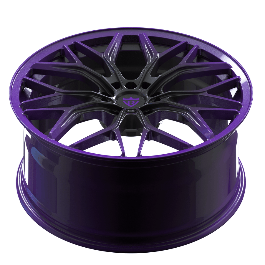 Purple Y spoke forged Durango rims by RVRN Wheels with aggressive concave styling and flush fitment