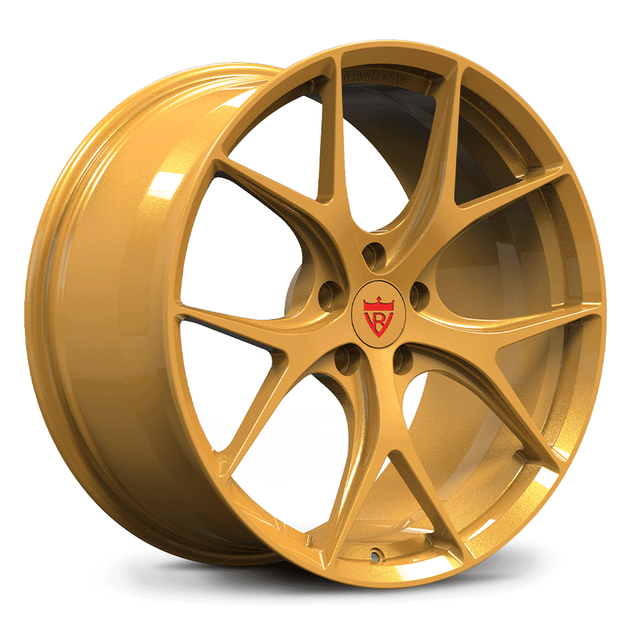 Custom forged monoblock performance wheel in gold finish designed for Ferrari California and other applications.