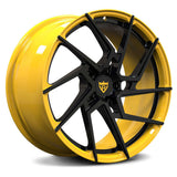 RVRN RV-MF041 custom yellow wheels for Porsche 911 applications with yellow and black finish, lightweight forged design and premium performance wheel construction