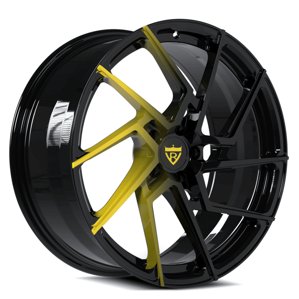 RVRN RV-MF041 custom forged yellow rims in yellow and black finish designed for Corvette C8 performance builds with aggressive fitment and lightweight forged construction