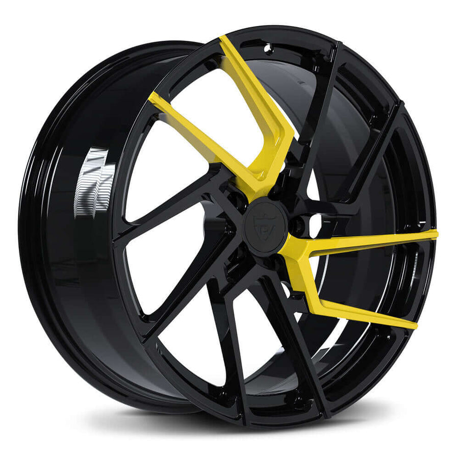 RVRN RV-MF041 yellow forged directional wheels for Corvette C8 Z06 featuring yellow and black finish, custom fitment, forged monoblock engineering and performance styling