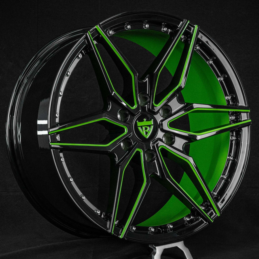 RVRN RV-MF151 custom forged 6 lug Ford F150 rims in green with black finish designed for aggressive street truck fitment