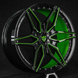 RVRN RV-MF151 custom forged 6 lug Ford F150 rims in green with black finish designed for aggressive street truck fitment