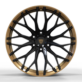 RVRN RV-MG03 gloss black wheel with a gloss bronze outer section and split Y-spoke-inspired face, front view