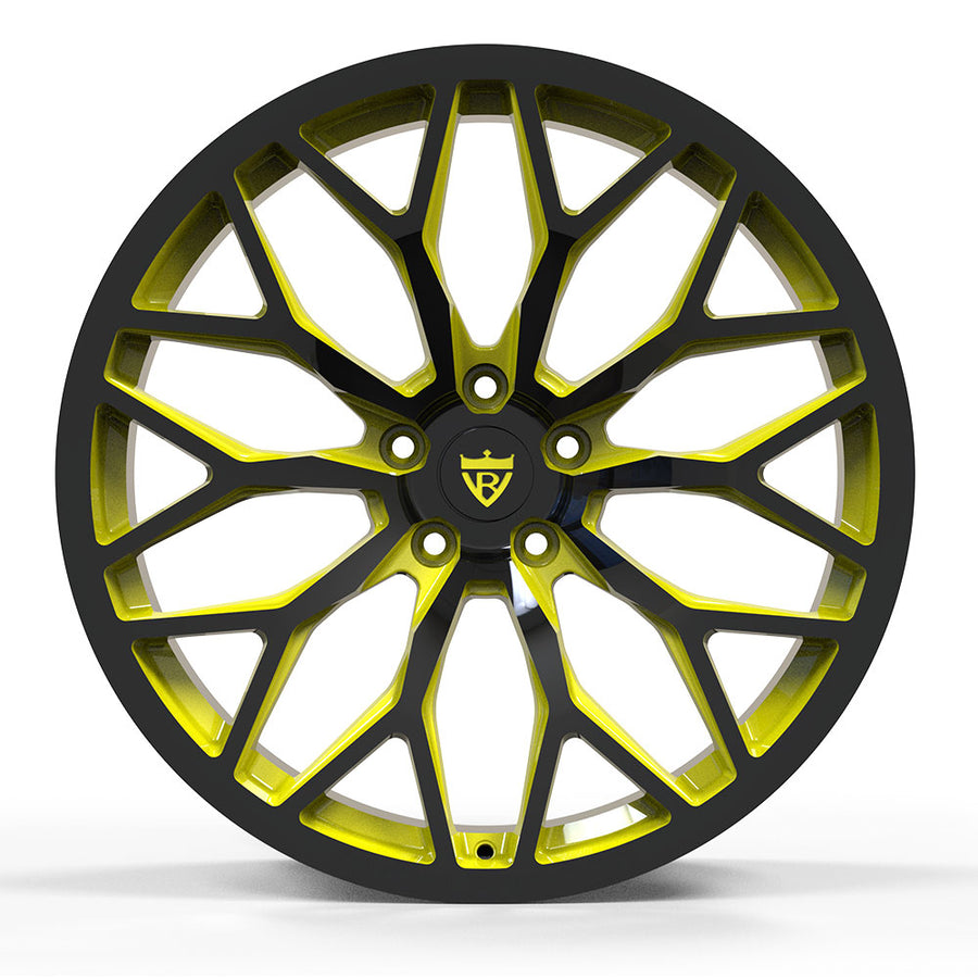 RV-MG122 black and yellow Y spoke concave wheels installed style concept for C8 Corvette wheels performance stance