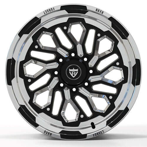 Close-up of RVRN RV-MH01 black and polish Ram wheels showcasing deep dish forged construction and precision CNC-machined spoke details