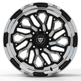 Close-up of RVRN RV-MH01 black and polish Ram wheels showcasing deep dish forged construction and precision CNC-machined spoke details
