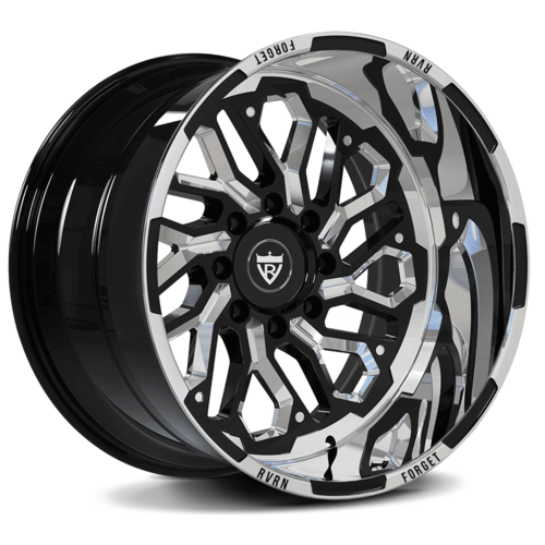 RVRN RV-MH01 custom forged Ram wheels featuring deep dish rims in black and polish finish, lightweight monoblock truck wheel engineered for custom Ram 2500 fitment