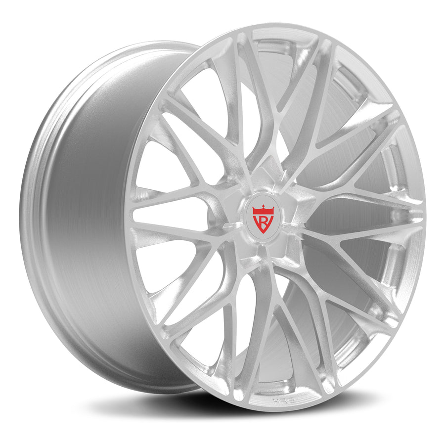 RVRN RV-MP184 brushed silver forged monoblock wheel with Y-spokes, three-quarter view