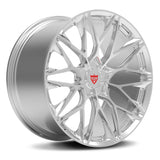 RVRN RV-MP184 silver forged monoblock wheel with Y-spokes and red center-cap logo, three-quarter view