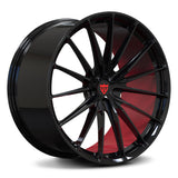 RVRN RV-MP59 Porsche 911 black with red forged multi-spoke wheel featuring a distinctive custom finish, 1-piece forged construction and lightweight performance design, with personalized fitment options for a unique Porsche build.