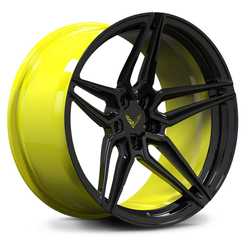 RVRN RV-MR02 custom forged 5 star concave Corvette C8 Z06 wheels in black with yellow finish