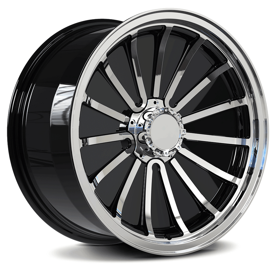 RVRN RV-MR04 custom forged truck rims featuring a multi spoke wheel design in black and polish finish for Chevrolet Silverado 1500 custom truck build