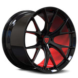 RVRN RV-MR05 custom forged Dodge Ram wheels in black and red finish with premium Y spoke design and 6 lug configuration