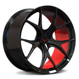 RVRN RV-MR05 forged Y spoke wheels for McLaren 720S with red and black finish, deep concave profile, monoblock construction and custom performance wheel design.