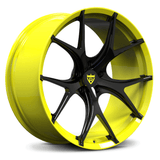 RVRN RV-MR05 forged Y spoke wheels for McLaren performance builds with yellow and black finish, deep concave styling and customized wheel specifications.