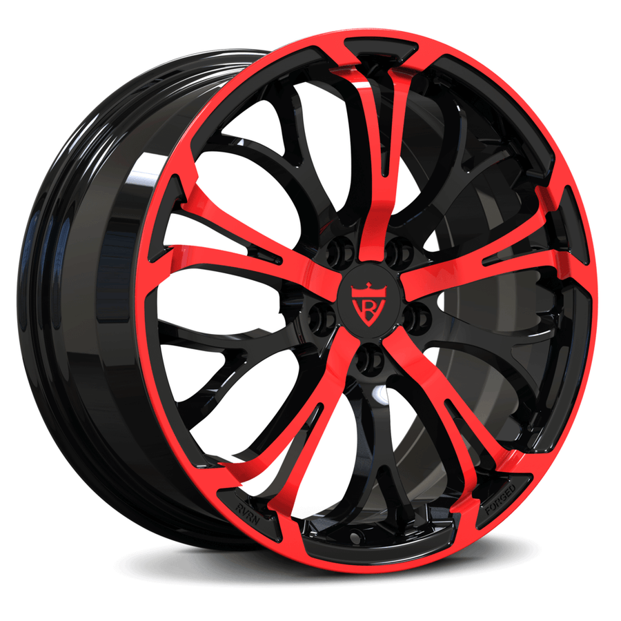 RVRN RV-MR09 custom forged Y spoke Corvette C8 Z06 wheels in black with red, 1-piece lightweight performance design with vehicle-specific fitment