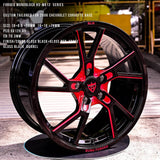 Black and red directional forged wheel design by RVRN, RV-MR12 monoblock wheel engineered for Corvette C6 and Dodge Viper performance vehicles