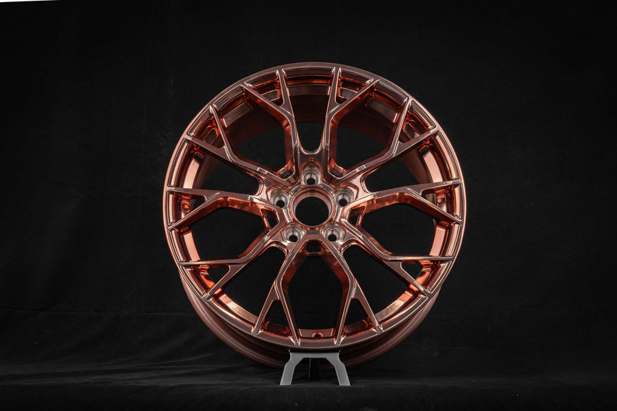 RV-MR16 brushed rose gold rims designed for Volkswagen Golf R style builds featuring lightweight forged performance wheel engineering