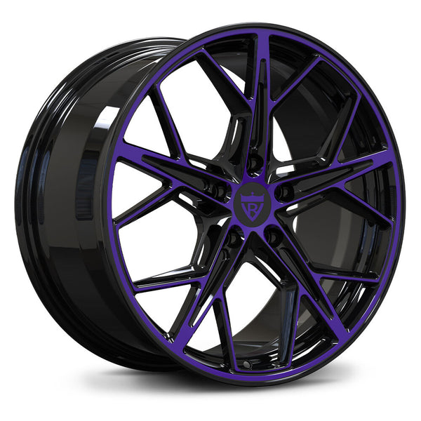 Custom forged 1-piece wheels in black and purple for C7 Corvette aftermarket upgrades.