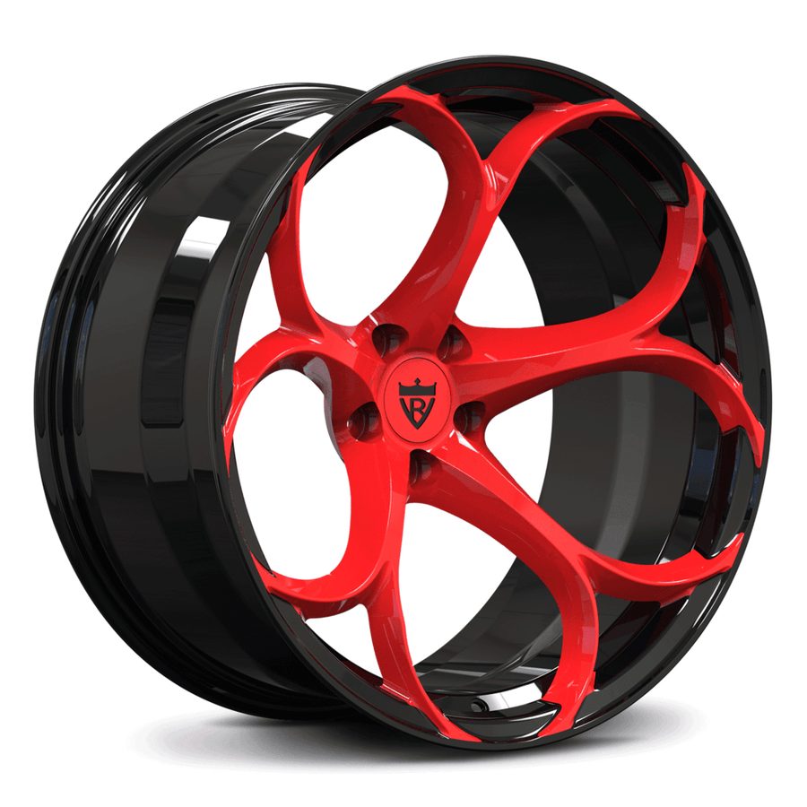 RVRN RV-MS016 black and red concave forged wheel showcasing custom lightweight construction suitable for BMW M4 and other performance vehicles