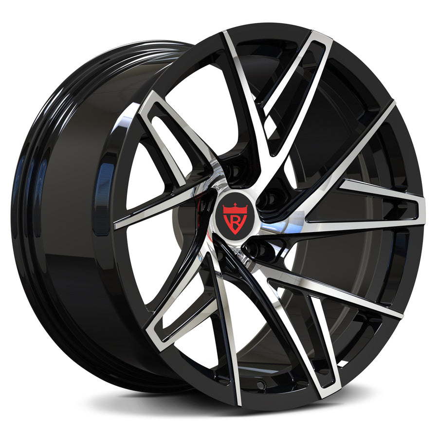 RVRN RV-MS74 Corvette custom rims with directional spoke layout and concave profile in black and polish finish, forged monoblock wheel engineered for performance fitment