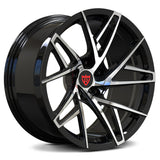 RVRN RV-MS74 Corvette custom rims with directional spoke layout and concave profile in black and polish finish, forged monoblock wheel engineered for performance fitment