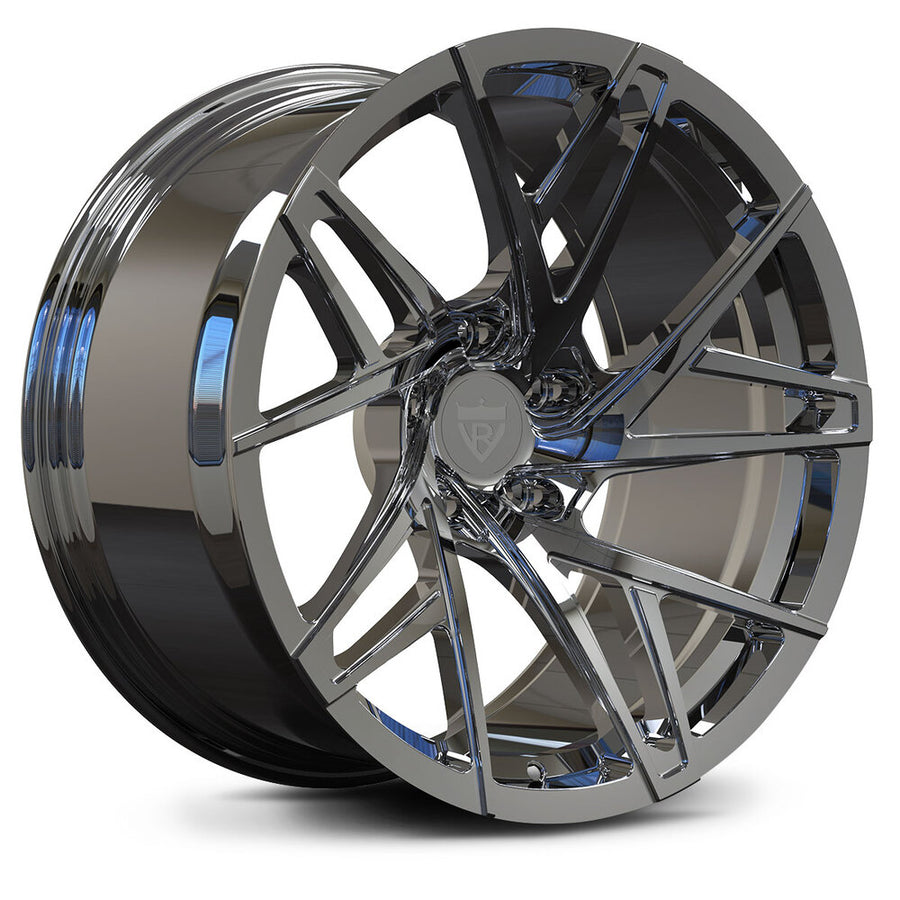 RVRN RV-MS74 custom forged Corvette rims featuring directional rims and deep concave wheel design in chrome finish, lightweight forged monoblock construction for performance applications
