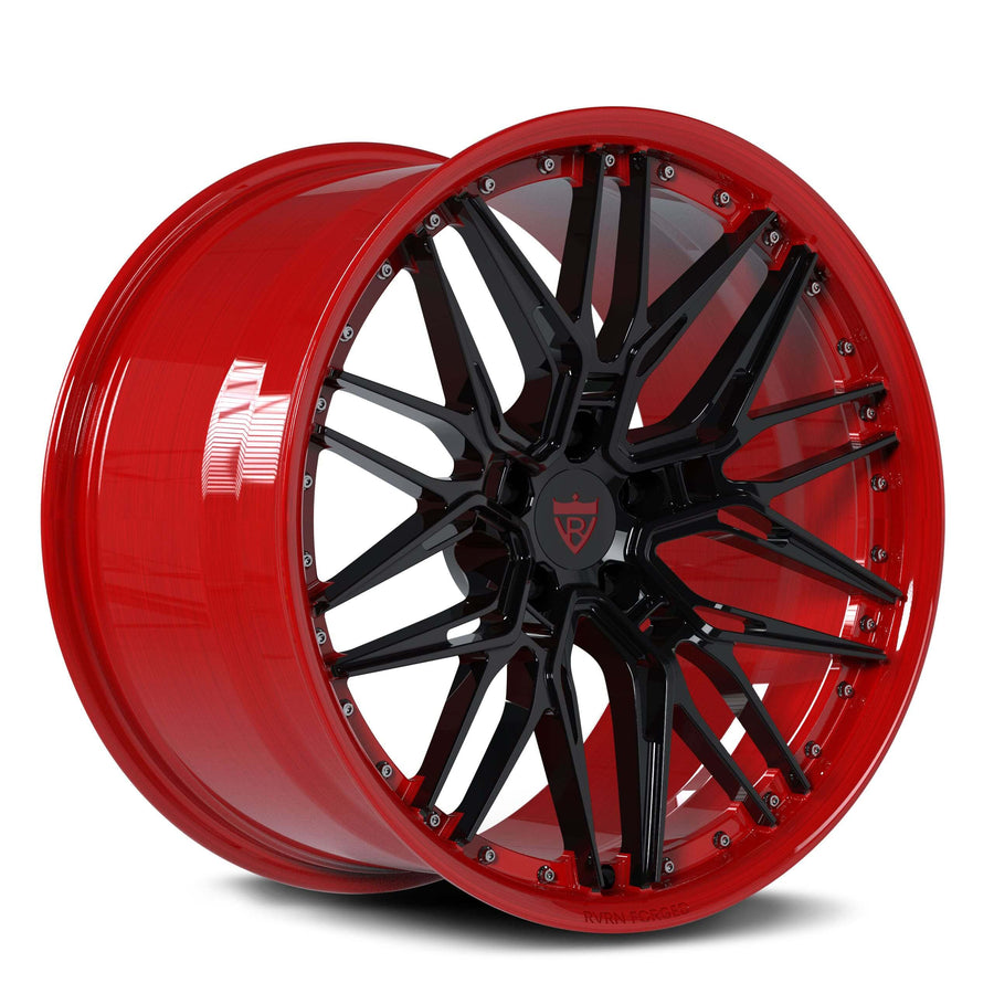RVRN RV-MS808 custom forged Shelby rims in black and red finish featuring aggressive multi spoke design and deep concave profile for Shelby GT500 performance builds