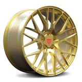 Tesla Model Y forged rims in frozen gold showcasing precision-machined Y-spoke styling and lightweight performance benefits