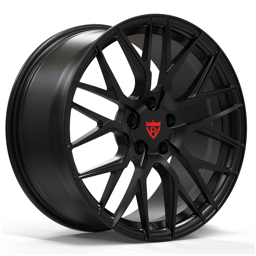 RVRN RV-MT01 custom forged Tesla Model Y rims in black finish featuring lightweight Y-spoke monoblock design for performance EV applications