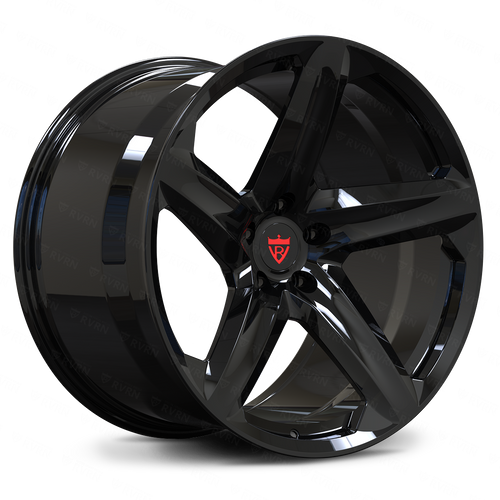 RVRN RV-MT02 custom forged 5 spoke wheel in black finish designed for Corvette C8 applications, lightweight monoblock construction with performance-focused fitment